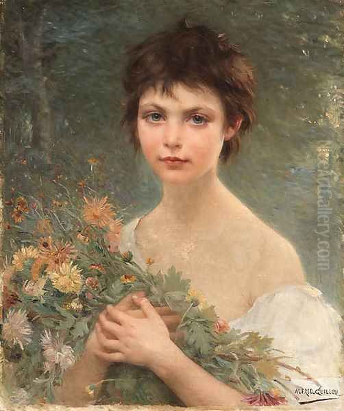 A young girl with wild flowers Oil Painting by Alfred Guillou