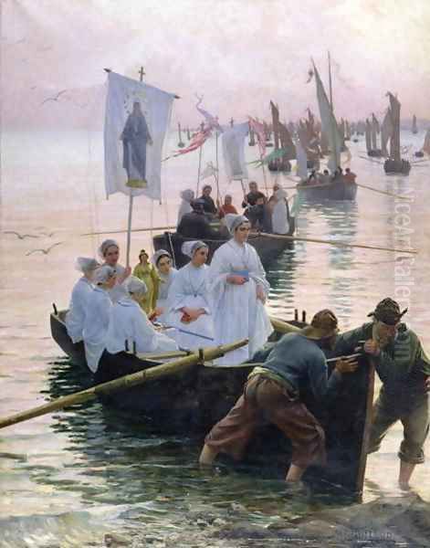 The Arrival of the Procession of St Anne from Fouesnant to Concarneau 1887 Oil Painting by Alfred Guillou