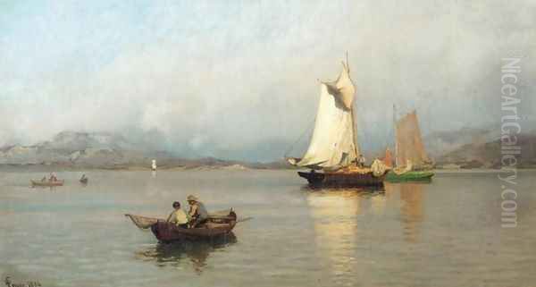 Fishing Boats off the Coast (Fiskebåter ved kysten) Oil Painting by Hans Fredrik Gude