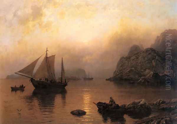 Fishing Party At Sunrise Oil Painting by Hans Fredrik Gude