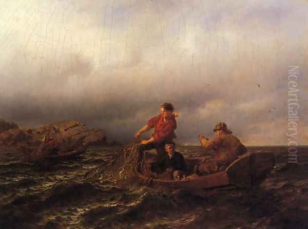 Hauling in the Nets Oil Painting by Hans Fredrik Gude