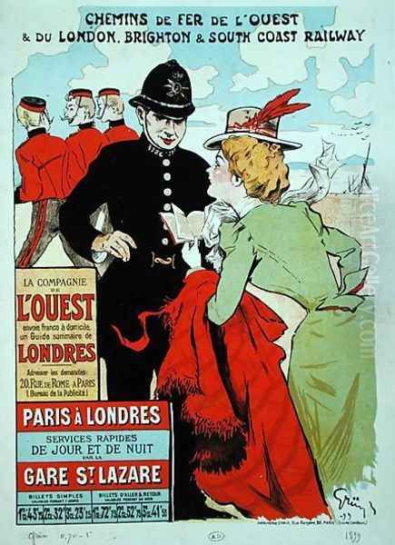 Poster advertising train services from Paris to London for the Compagnie des Chemins de Fer de lOuest Oil Painting by Jules Alexandre Grun