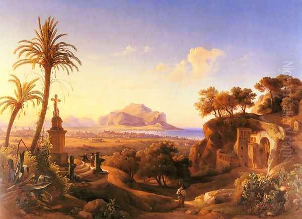 Figures before a Shrine with a view of Palermo beyond Oil Painting by Johann George Gmelin