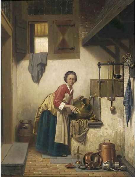 'Ik ben zoo klaar met schuren' a scullery maid at work Oil Painting by Charles Joseph Grips