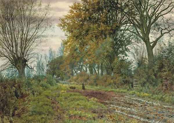 Rabbits on a country path Oil Painting by William Fraser Garden