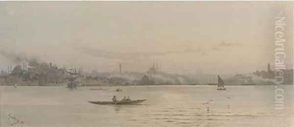 A sweeping view of Istanbul with the Topkapi palace to the left Oil Painting by Angelos Giallina