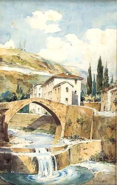 A village by a river in a mountainous landscape Oil Painting by Angelos Giallina