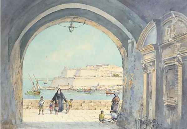 Figures on the fortress walls, Valetta, Malta Oil Painting by Angelos Giallina