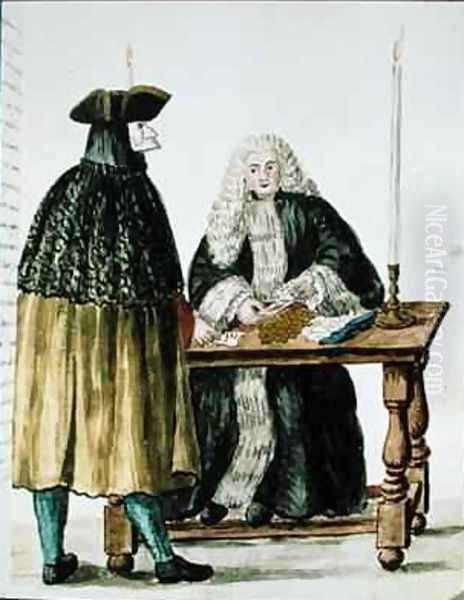 A Magistrate Playing Cards with a Masked Man Oil Painting by Jan van Grevenbroeck