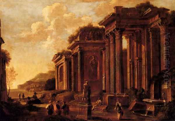 An architectural capriccio with figures amongst ruins Oil Painting by Giovanni Ghisolfi