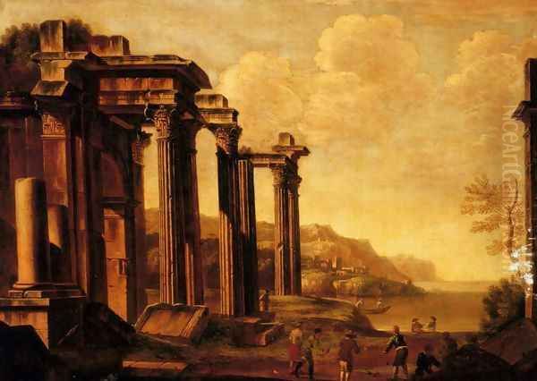 An architectural capriccio with figures by a cove Oil Painting by Giovanni Ghisolfi