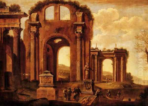 An architectural capriccio with figures by a statue and a fountain Oil Painting by Giovanni Ghisolfi