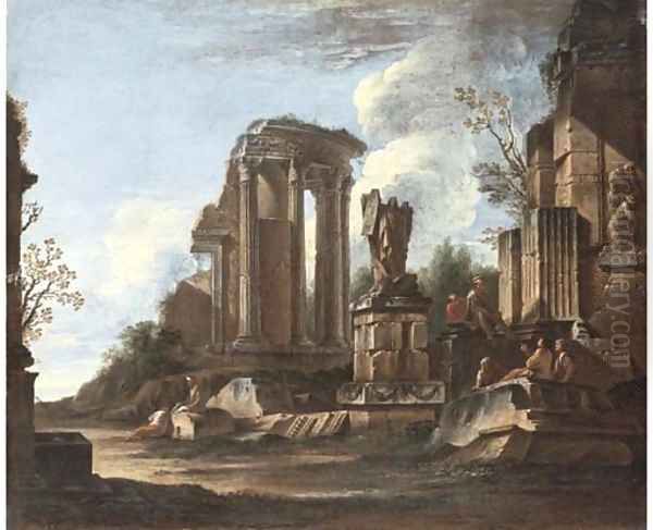 A capriccio with the Temple of the Sibyl at Tivoli and classical ruins Oil Painting by Giovanni Ghisolfi