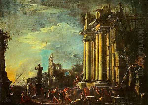 Landscape with Ruins and a Sacrificial Scene Oil Painting by Giovanni Ghisolfi