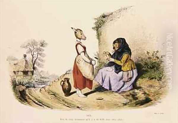 An Owl telling the fortune of a Donkey Oil Painting by J. J. Grandville