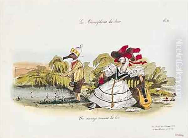 Marriage by the Book caricature from Les Metamorphoses du Jour Oil Painting by J. J. Grandville