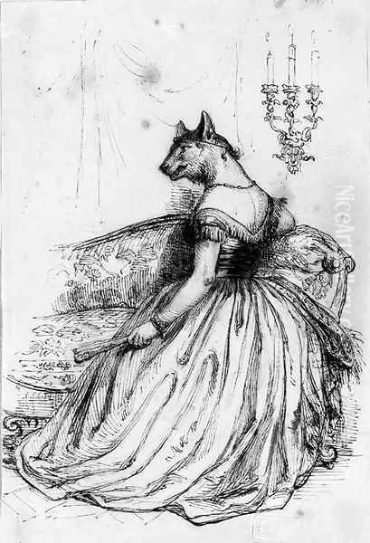 A caricature of an elegant lady with the head of a wolf Oil Painting by J. J. Grandville