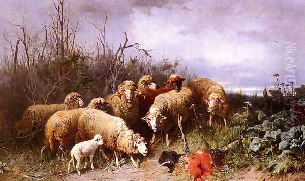 Schafe Eine Vogelscheuche Betrachtend (Sheep Regarding a Scarecrow) Oil Painting by Friedrich Otto Gebler