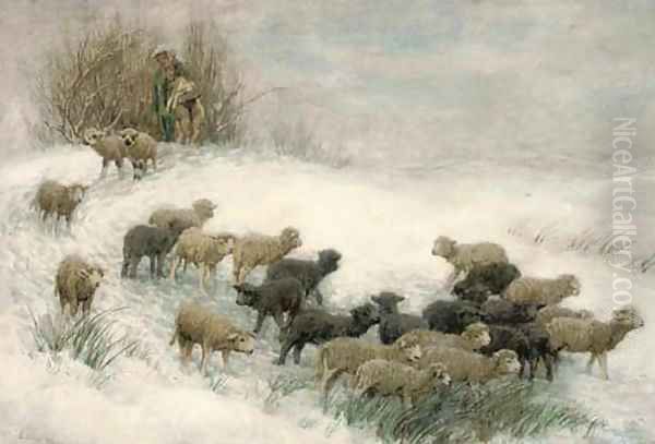 The flock in winter Oil Painting by Friedrich Otto Gebler