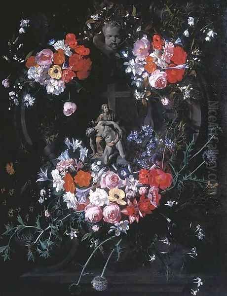 A trompe l'oeil relief of the Pietà in a stone carved tondo, surrounded by festoons of flowers and thistles Oil Painting by Hieronymus Galle I