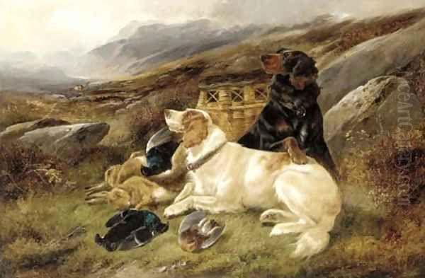 An English and a Gordon Setter with the day's bag on a moor Oil Painting by John Gifford