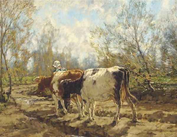 Leading the cattle along a country track Oil Painting by Arnold Marc Gorter