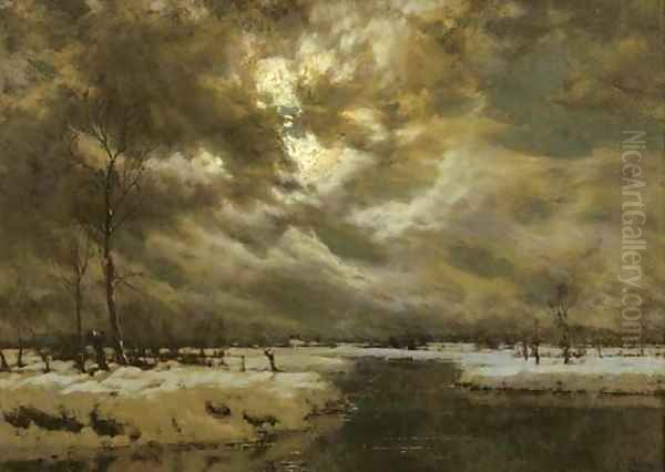 A moonlit winterlandscape Oil Painting by Arnold Marc Gorter