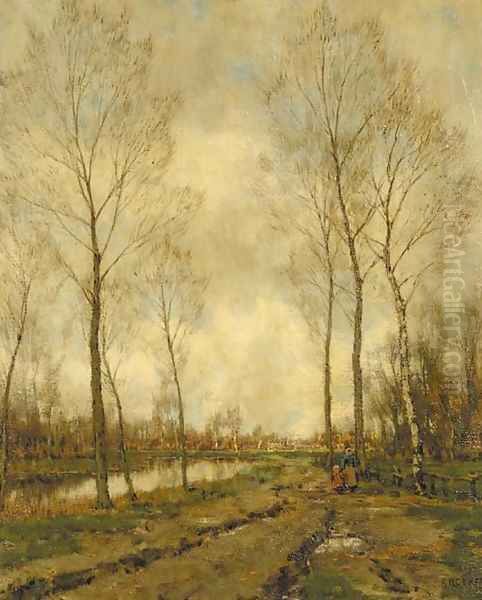 A mother and child strolling along a waterway Oil Painting by Arnold Marc Gorter