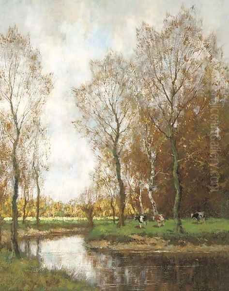 Cows grazing by a stream in a wooded landscape Oil Painting by Arnold Marc Gorter