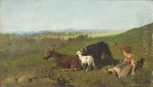 The little goat herder Oil Painting by Baldomer Galofre Gimenez