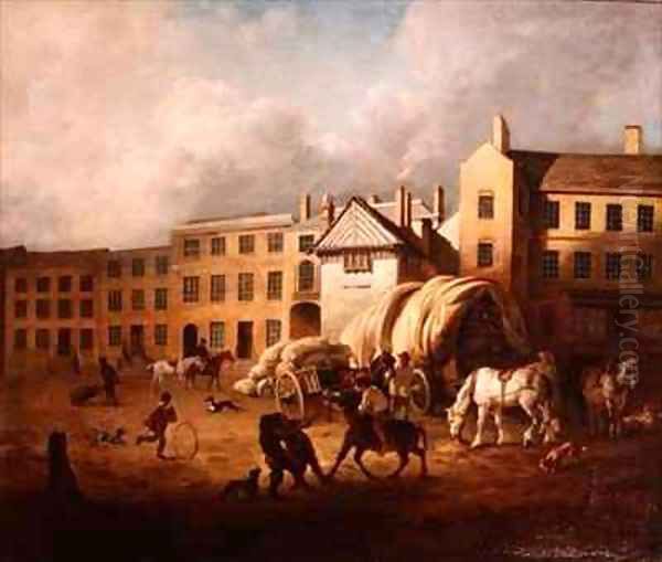 18th Century Town Scene with Figures and Horses in a Yard Oil Painting by George Garrard