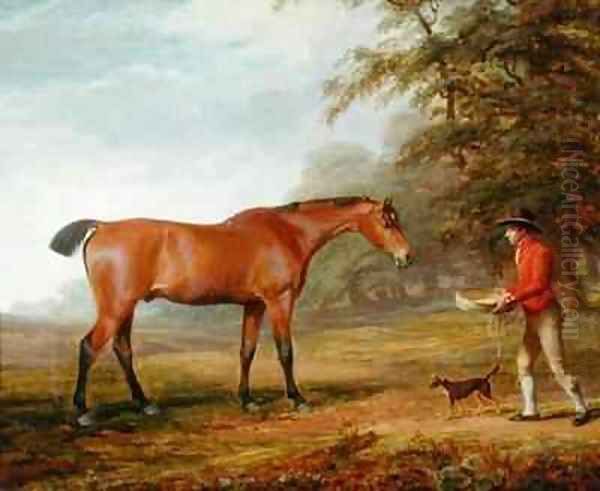 A Bay Horse Approached by a Stable lad with Food and a Halter Oil Painting by George Garrard