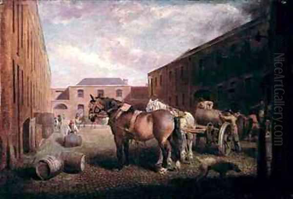 Loading the Drays at Whitbread Brewery Chiswell Street London Oil Painting by George Garrard