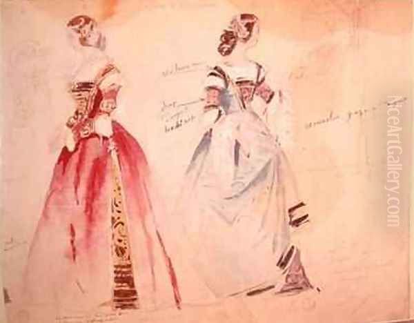 Two female costume designs at the time of the creation of Les Caprices de Marianne Oil Painting by Eugene Pierre Francois Giraud