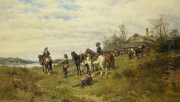 Riders Before a Deep River (Reiter bei der rast vor tiefer) Oil Painting by Ludwik Gedlek