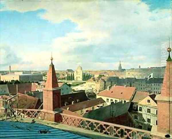 View of the city of Berlin with Altes Museum and Cathedrale from the roof of the Church of Friedrichswerder Oil Painting by Eduard Gartner