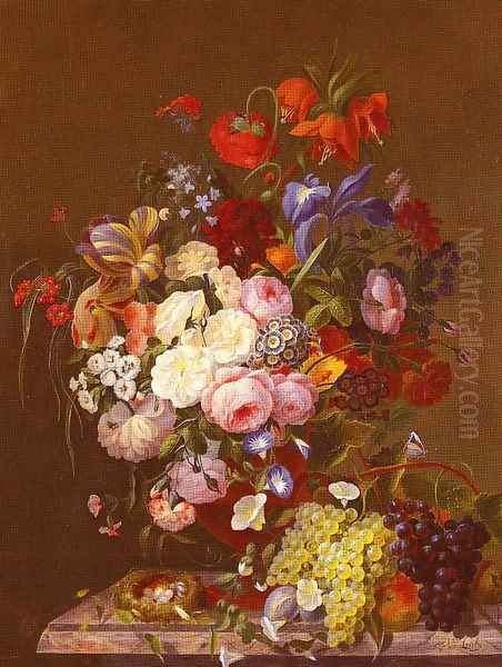 Still Life with Roses, Morning Glories, Tulips, Grapes and Bird's Nest Oil Painting by F. van Geit