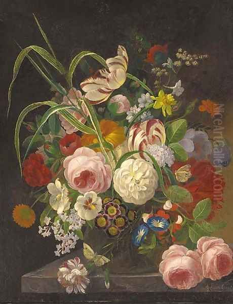 Peonies, tulips and other summer flowers in a glass vase on a stone ledge Oil Painting by F. van Geit