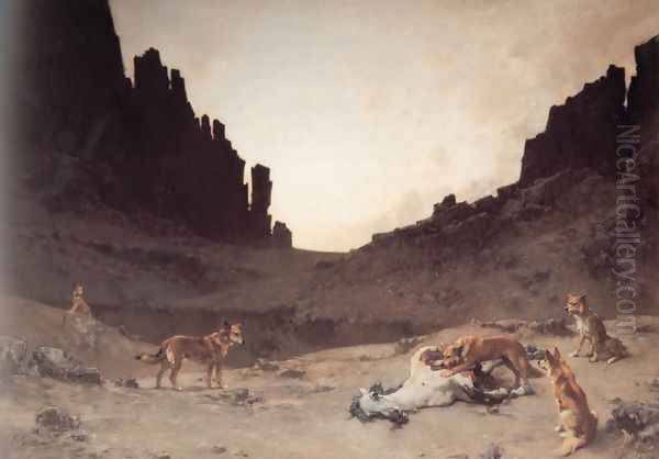 Dogs of the Douar Devouring a Dead Hourse in the Gorges of El Kantar Oil Painting by Gustave Achille Guillaumet