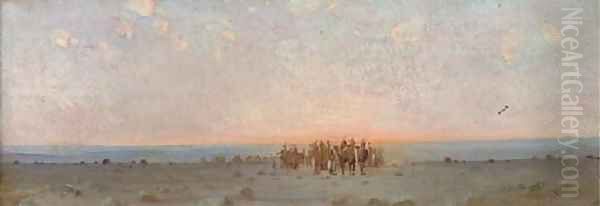 An Arab caravan at dusk Oil Painting by Gustave Achille Guillaumet