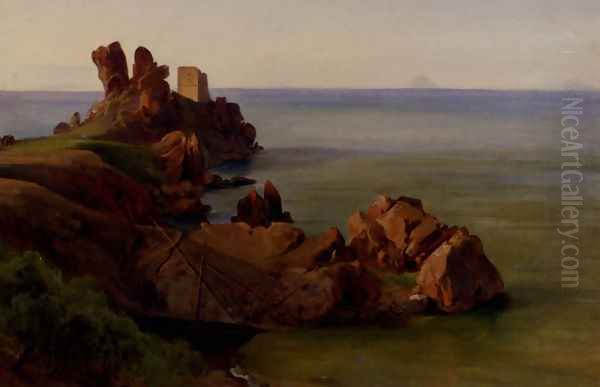 A Rocky Outcrop With A Moored Boat And Ruined Watchtower, Cefalu Oil Painting by Jean-Baptiste-Adolphe Gibert