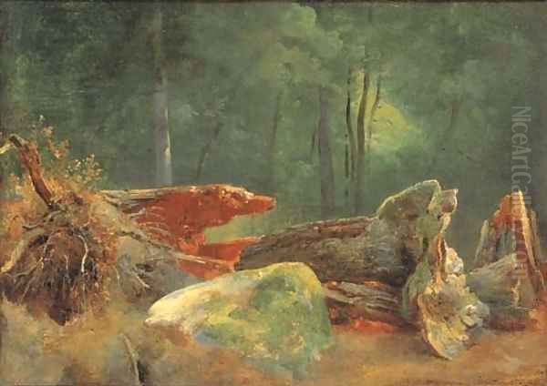 A wooded landscape with a blasted tree by a rock Oil Painting by Jean-Baptiste-Adolphe Gibert