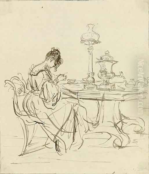 Study of a lady seated at a tea-table Oil Painting by Sir Francis Grant