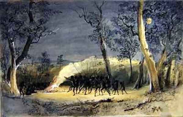 A Native Corroboree at Night Oil Painting by Eric Gill