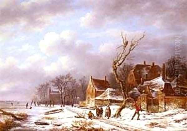 Gathering Wood In A Winter Landscape Oil Painting by Paul Cesaire Gariot