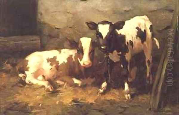 Calves in a Barn Oil Painting by David Gauld