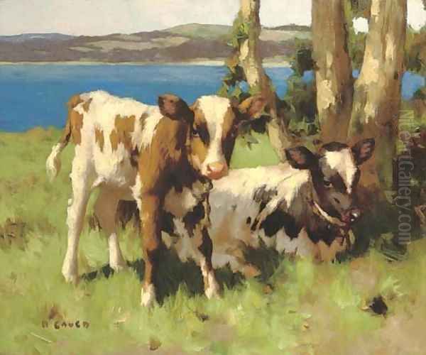 Calves in a meadow Oil Painting by David Gauld