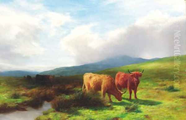 Highland cattle by a burn Oil Painting by Peter Graham