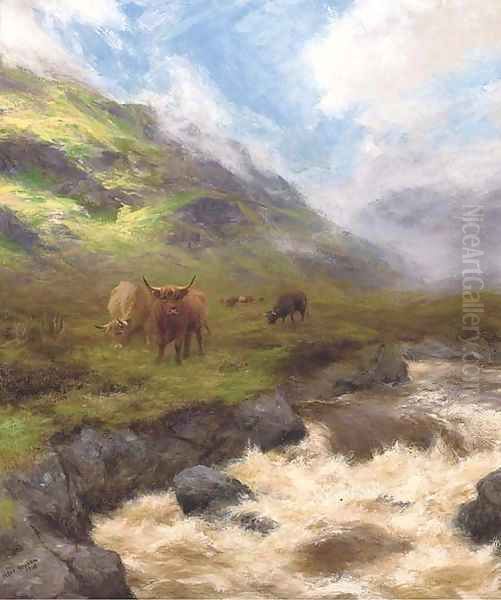 Highland cattle by a stream in full spate Oil Painting by Peter Graham