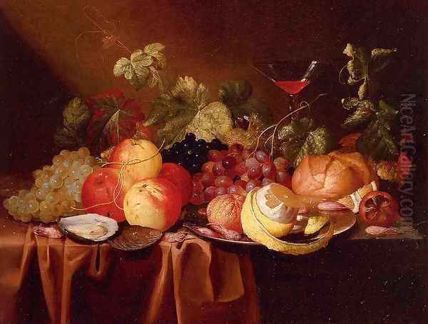 Still Life Of Peaches, Grapes, A Peeled Lemon, An Oyster, a Bread Roll And A Glass Of Wine, All On A Draped Table Oil Painting by Jan Pauwel Gillemans The Elder